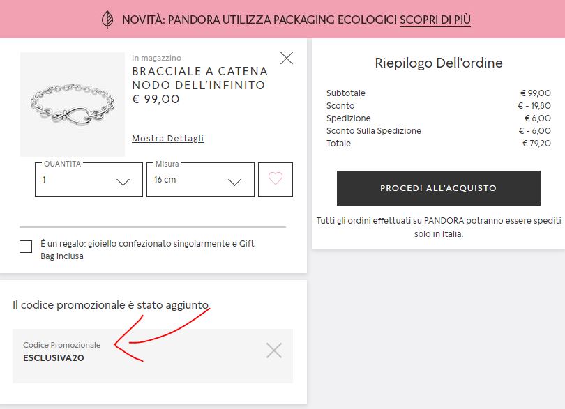 pandora codice sconto