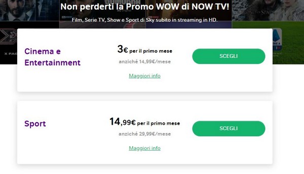 now tv promo wow sconto cinema sport sky 2