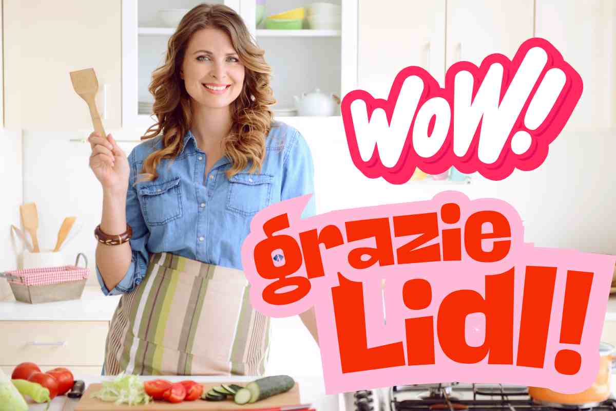 donna in cucina sorridente e le scritte grazie lidl e wow