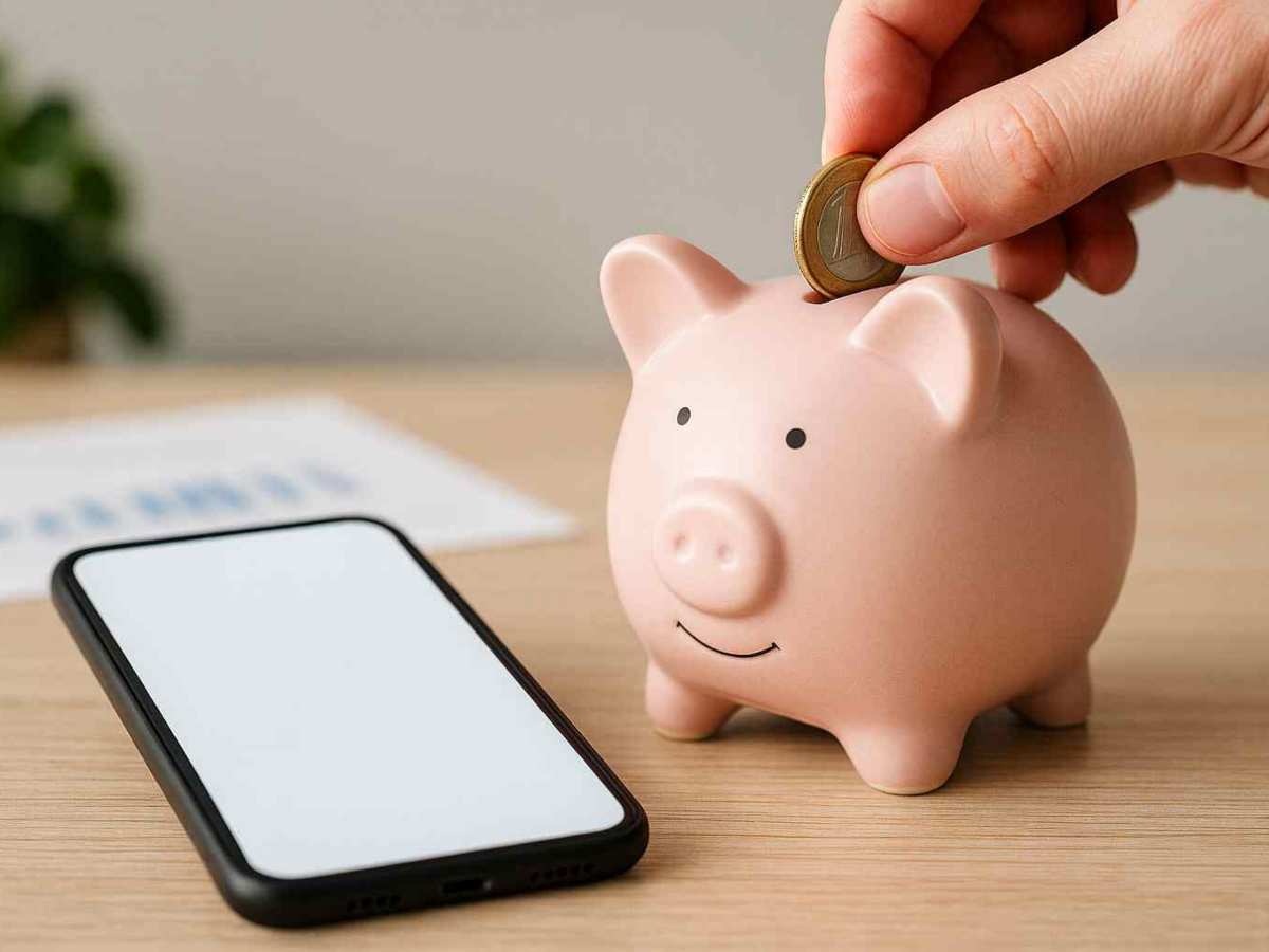 smartphone e salvadanaio con uomo che inserisce una moneta