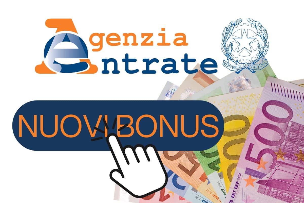logo agenzia delle entrate, scritta nuovi bonus con mano che clicca sulla scritta e banconote euro