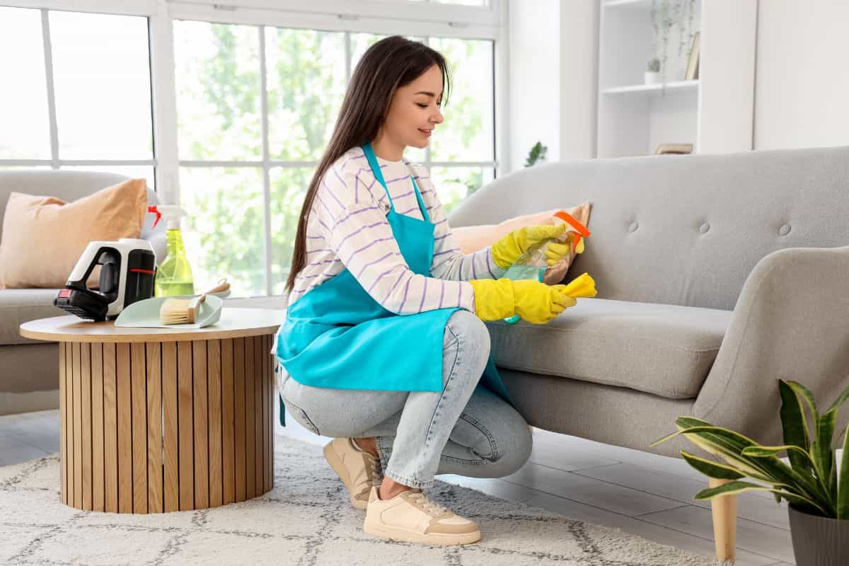 donna che pulisce felice il divano