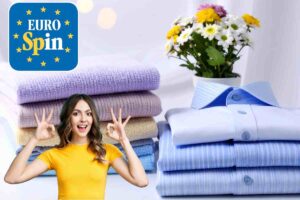 bucato piegato vaso con fiori donna che fa ok e logo eurospin