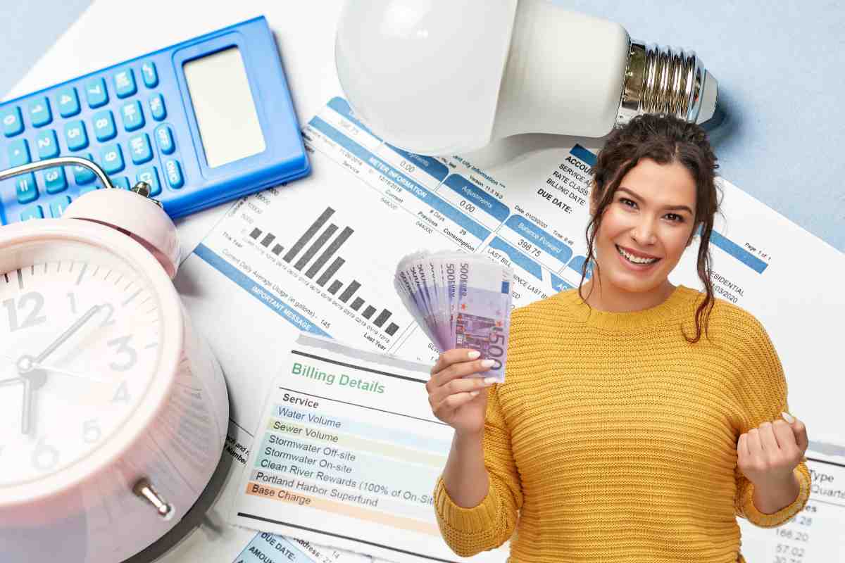 bollette donna felice con soldi in mano