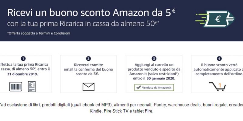 Buono sconto da 5€ con Amazon Ricarica in Cassa